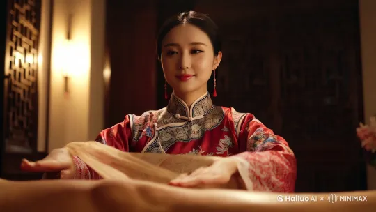 第一视角，古风美女，身穿薄纱，为我捶腿，眼镜看着我 by Hailuo AI Video Generator