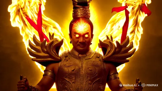 哪吒的三头八臂法相庄严而威猛，周身笼罩在金光烈焰之中：

头部特征：

中央主首面容英武，双目如赤金曜日，迸射丈许神光，眉心浮现三昧真火纹，发髻高束金冠，朱绫飘带无风自动。
左侧副首呈忿怒相，青面獠牙，双目倒竖直望九霄，眼瞳流转紫电雷光，额角青筋暴起似虬龙盘踞。
右侧副首现慈悲相，玉面含威，眼帘低垂俯瞰幽冥，眸中隐现六道轮回虚影，唇角微抿似悲悯众生。
八臂持器：

前双臂：左手擎九龙神火罩，九条炎龙在罩壁游走；右手执紫焰蛇矛火尖枪，枪尖吞吐三昧真火。
中双臂：左持乾坤圈金芒流转，圈内显化周天星斗；右握混天绫赤霞漫天，绫尾扫过虚空生涟漪。
上双臂：左托金砖铭刻"翻天"古篆，砖面雷纹密布；右举阴阳双剑，黑剑引幽冥寒气，白剑聚昊阳烈芒。
后双臂：左握降魔杵通体梵文浮空，杵头镇八部天龙；右持缚妖索暗藏七十二道禁制，索链隐现天罡符箓。
身姿细节：

足踏风火轮烈焰焚空，左轮卷起巽风龙卷，右轮喷发离火莲华，轮转间虚空扭曲。
金甲覆体嵌有三十六颗定海珠，甲片流转五色毫光，腰间束虎皮裙猎猎作响。
周身环绕九道护体金光，每道光环中隐现天兵神将虚影，脑后悬着三圈功德金轮。
神异表征：

呼吸间口鼻喷吐三色真火（青莲地火、红莲业火、金莲心火），发丝飘动时带起星屑流火。
三首共鸣发出天地人三才道音，主首喝令风雷，左首叱咤霹雳，右首诵念真言。
八件法宝共鸣形成先天八卦阵图，脚下风火轮暗合两仪之势，整体气机勾连周天星辰。 by Hailuo AI Video Generator