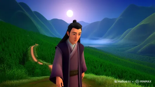 - 暮从碧山下,山月随人归:画面近景是李白下山,身后青山连绵,明月高悬,似与人同行,营造静谧氛围,体现人与月相伴的和谐。
- 却顾所来径,苍苍横翠微:李白回头,目光沿蜿蜒山路延伸,被茂密山林遮蔽,山林青葱朦胧,突出山的幽深与归途漫长。
- 相携及田家,童稚开荆扉:画面中李白与斛斯山人携手走向质朴农舍,木门旁,儿童好奇张望并开门,展现田家生活的质朴与温馨。
- 绿竹入幽径,青萝拂行衣:狭窄小径旁,修长绿竹林立,藤蔓轻柔,微风吹过,竹叶沙沙,青萝轻拂二人衣袖,增添清幽与诗意。
- 欢言得所憩,美酒聊共挥:室内,两人对坐,桌上摆满酒菜,笑容满面,举杯共饮,洋溢欢乐与惬意。
- 长歌吟松风,曲尽河星稀:院外,两人在松树下,一人抚琴,一人高歌,歌声在松林回荡,曲终,银河黯淡,星星稀少,暗示时间推移。
- 我醉君复乐,陶然共忘机:画面中两人面带微醺,神情陶醉,忘掉世俗烦恼,展现心灵契合与对自然生活的向往。 by Hailuo AI Video Generator