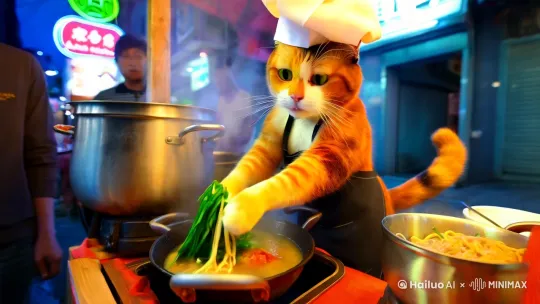 猫掌柜的面摊
 
在城市的角落，有个热闹非凡的夜市。每当夜幕降临，这里便灯火通明，吆喝声、欢笑声交织在一起。在这熙熙攘攘之中，有一个特别的拉面摊，摊主是一只身着围裙、头戴厨师帽的花猫，大家都叫它猫掌柜。
 
猫掌柜的动作十分娴熟，细长的尾巴轻轻摆动，将面条熟练地甩进锅里。不一会儿，锅里飘出浓郁的香气，引得周围的顾客直咽口水。
 
“猫掌柜，来一碗招牌拉面！”一个戴着棒球帽的年轻人喊道。
 
“好嘞，您稍等！”猫掌柜笑着回应，声音清脆又热情。
 
猫掌柜一边煮面，一边和顾客聊天。“今天工作忙不忙呀？”它问年轻人。
 
“忙死啦，不过一想到能来吃您这儿的拉面，就觉得没那么累了。”年轻人笑着回答。
 
猫掌柜把煮好的面端到年轻人面前，热气腾腾的拉面，搭配着鲜美的汤汁、翠绿的葱花和喷香的卤肉，让人看了就食欲大增。
 
这时，一只流浪狗慢悠悠地走了过来，在面摊前停下，眼巴巴地看着。猫掌柜见状，立刻盛了一碗面，轻轻放在流浪狗面前。“吃吧，小家伙。”它温柔地说。
 
流浪狗感激地看了猫掌柜一眼，便狼吞虎咽地吃了起来。周围的顾客看到这一幕，都对猫掌柜的善良称赞不已。
 
夜市的灯光依旧明亮，猫掌柜的拉面摊前始终人来人往。在这个小小的角落里，它用美味的拉面和温暖的笑容，为每一个来到这里的人带来片刻的慰藉，成为了夜市里一道独特而温馨的风景 。 by Hailuo AI Video Generator