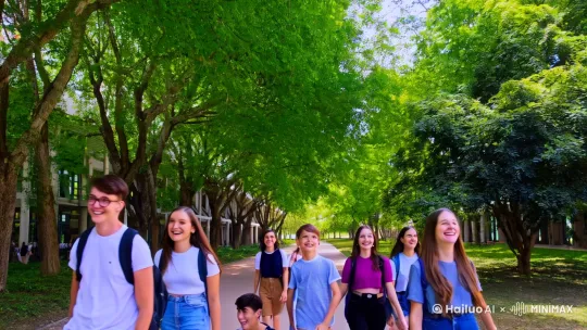 十几个学生在校园的林荫大道上开心快乐的向前行走着，有个男生还跳起来想摸树叶，但是树太高没摸到。[下降,上摇] by Hailuo AI Video Generator