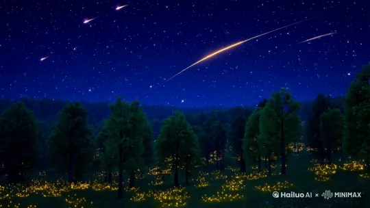 静谧的夜晚，萤火虫在丛林间闪烁，天空繁星点点，流星划破夜空 by Hailuo AI Video Generator