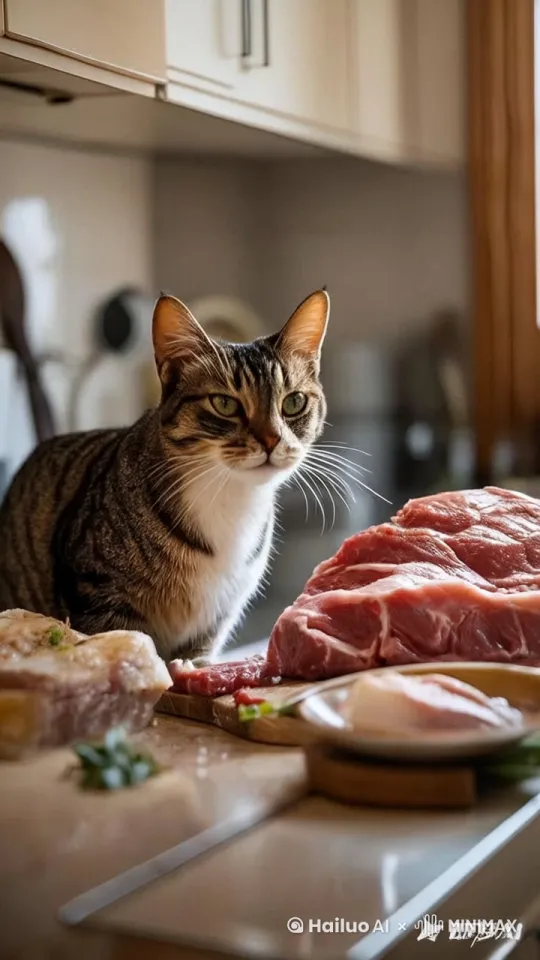 猫咪用嘴巴叼起一块肉，然后放在一边
 by Hailuo AI Video Generator