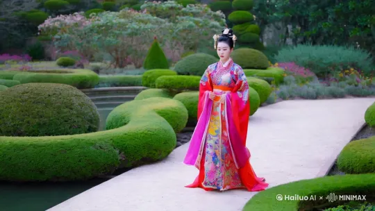 一个穿着汉服的美女在花园里散步，正面照 by Hailuo AI Video Generator