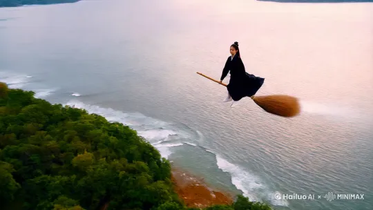 一个穿着黑袍的美丽的少女骑着魔法扫帚在天空飞翔着，穿过大海，穿过森林，穿过高山 by Hailuo AI Video Generator