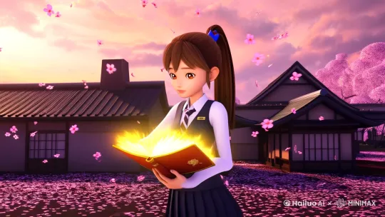 [场景] 日式校园天台，樱花飘落，黄昏光影  
[主角] 16岁少女，校服，马尾辫，手持发光魔法书  
[动作] 翻开书页瞬间触发金色粒子特效，镜头环绕360度慢动作变身  
[特效] 校服→流光战斗服，瞳孔变星芒，武器生成粒子光剑  
[镜头] 低角度仰拍→动态模糊旋转→特写武器劈开空间裂缝  
[节奏] 前3秒日常→第4秒高能变身→结尾定格战斗姿势+冲击波特效  
[音乐] 日系动漫OP+重低音卡点  
[色调] 粉紫色梦幻光效+赛博荧光线条  
[附加] 左下角添加"点击魔法书开启你的变身！" 互动贴纸 by Hailuo AI Video Generator