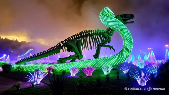 "Prehistoric lantern installation in Zigong Dinosaur Park: giant neon snake coiled around a Tyrannosaurus skeleton fossil, bioluminescent plants pulsating with light, volcanic ash and mist effects, Jurassic-meets-cyber aesthetics, dramatic wide-angle tracking shot."   by Hailuo AI Video Generator