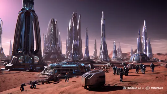 在火星上建造了一个外星基地，拥有酷炫的高楼和赛博朋克的建筑，太空运输机在空中繁忙地穿梭，地面上人类正在进行外部作业，整体风格偏写实一些，16:9的分辨率，大景别 by Hailuo AI Video Generator