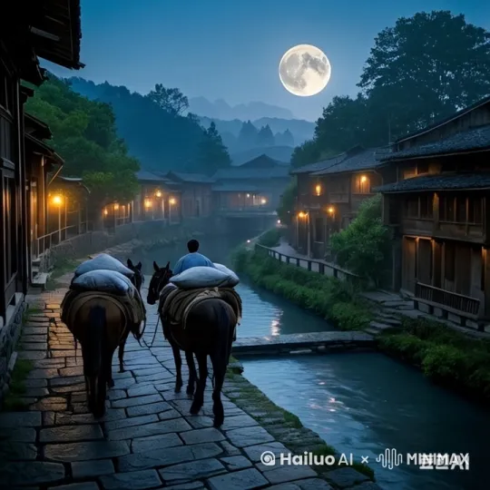 马帮汉子夜行，月光在石板缝隙形成银色溪流** by Hailuo AI Video Generator