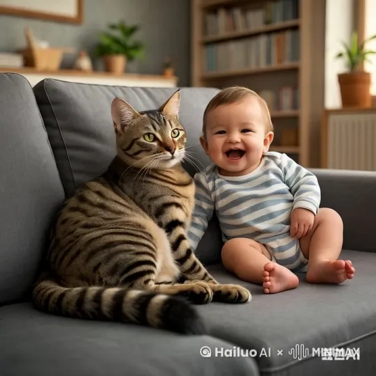 猫和小孩。开心的笑 by Hailuo AI Video Generator