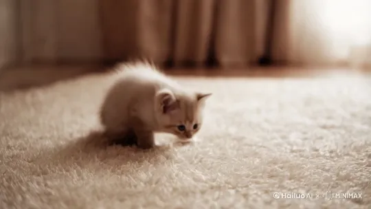 一只萌态可掬的小猫咪在柔软的地毯上嬉戏玩耍。 by Hailuo AI Video Generator