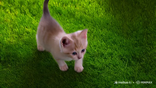 中文:一只萌态可掬的小猫咪在草地上嬉戏玩耍。镜头拉近,近景拍摄猫咪小巧的爪子和粉嫩的鼻子,时长约 1 秒;最后镜头快速拉远,全景呈现小猫咪在温馨房间里的可爱模样,画面色调温暖柔和,阳光透过窗户洒在地上,营造出温馨惬意的氛围。 by Hailuo AI Video Generator