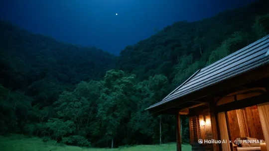 深夜，中国，[下摇]风景秀美的原始森林边青草地上一间优雅的小木屋旁，[变焦推进]男人一边往火堆里添柴，一边回答女友提的问题 by Hailuo AI Video Generator