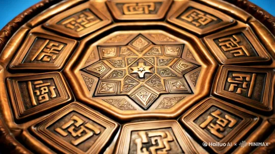 全景俯视青铜卦盘旋转，卦爻光影如星辰闪烁]  
[动态画面] 卦象从龟甲纹理过渡到都市霓虹，人物剪影在卦象中做出不同选择分支   by Hailuo AI Video Generator