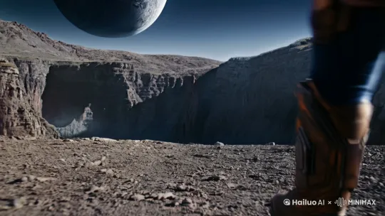 巨大摄影，低角度仰拍，科幻风格，天空中有个巨大的星球，一身科幻装备的人物从近处入画，缓慢走在荒芜的碎石地上，不远处是一个峡谷，峡谷中正有一只巨大的怪物缓缓站起，不寒而栗的压迫感！高清电影画质32K。 by Hailuo AI Video Generator