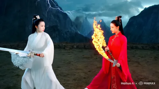 帮我生成两位古装美女巅峰对决的视频，一位白衣如雪，面似寒霜，手持银霜剑，寒气逼人。因为红衣似火，仙气飘飘。手持烈焰双刀。背景山崩地裂，雷电交加。交手数十回合，不分胜负，最后定格在两人刀剑相碰的一瞬间 by Hailuo AI Video Generator
