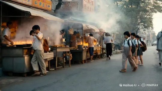 七十年代的清晨，街道刚刚苏醒。街边的早餐店热气腾腾，油条在锅里翻滚。穿着朴素的人们匆匆走过，背着书包的孩子三五成群。街道的拐角处，一位老人正悠闲地坐在竹椅上晒太阳，32K 高清画质，定格这充满烟火气的瞬间。 by Hailuo AI Video Generator