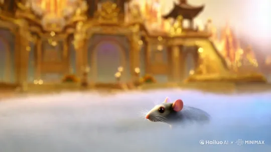 一只老鼠腾云驾雾飞一般的感觉，来到天庭，拜见鸿钧老祖 by Hailuo AI Video Generator