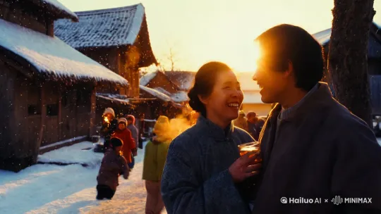 在中国春节期间    80年代农村走亲戚的场景     有二个人喝醉了酒，孩子们玩鞭炮，笑声不断    天空飘着小雪花， by Hailuo AI Video Generator