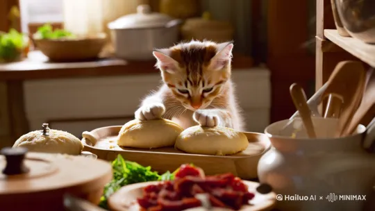 小猫在家里制作肉包子[左移,上升] by Hailuo AI Video Generator