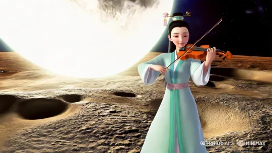 嫦娥在弯弯的月亮上拉小提琴，卡通3D风格 by Hailuo AI Video Generator