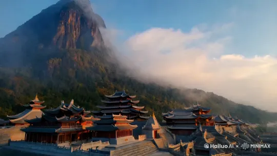 3D，宗门主峰高耸入云，威严而庄重，门派建筑气势恢宏，亭台楼阁错落有致，云雾缭绕其间，宛如仙境。 by Hailuo AI Video Generator