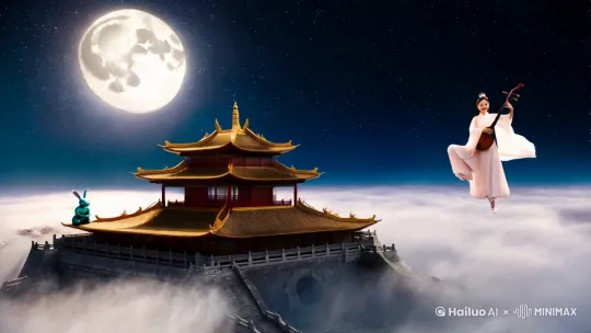 8k写实，背景星空，大大的明月，广寒宫，嫦娥微笑着在空中跳舞弹琴，玉兔，云海翻腾，航拍运镜 by Hailuo AI Video Generator