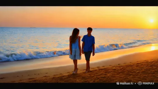 海边的心动之吻
 
黄昏时分，金色余晖洒在无垠海面，海浪轻拍沙滩，泛起层层碎金。
 
男孩和女孩手牵手漫步在柔软沙滩上，海风轻拂，撩动女孩发丝。男孩停下，温柔地为女孩捋顺头发，双手轻轻捧起她的脸。两人目光交汇，眼中满是深情与眷恋。
 
男孩缓缓靠近，女孩微微仰头，闭上双眼。四目闭合间，他们的嘴唇轻轻触碰，如同两片轻柔羽毛相遇。时间仿佛定格，唯有海浪声为这一吻伴奏。余晖拉长他们相拥的身影，画面美好而浪漫。 by Hailuo AI Video Generator