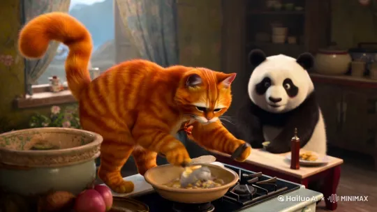 橘猫做饭照顾熊猫 by Hailuo AI Video Generator