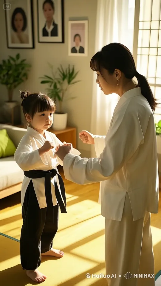 动态跟随，史诗般的激烈打斗场面。妈妈和2岁小女孩打斗在一起，2岁小女孩腾空而起猛踢对面妈妈，而后双方同时使出中国功夫连续快速攻击对方，相互猛烈打斗，快速动作电影的荣耀，生死搏斗，五倍速。 by Hailuo AI Video Generator