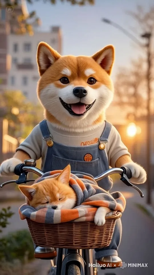 拟人化柴犬骑着自行车，往前走。镜头后退拉远 by Hailuo AI Video Generator