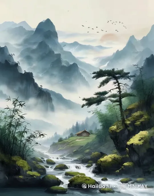 画面展现一片幽深的山谷，层峦叠嶂的山峰被薄雾笼罩，山间流淌着一条清澈的小溪，溪水缓缓流过青苔覆盖的石头。溪边生长着苍劲的松树和翠绿的竹林，几只鸟儿在枝头鸣唱。远处的山脚下有一座茅草屋，屋顶升起袅袅炊烟 by Hailuo AI Video Generator