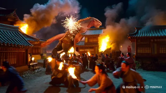 古代的中国，一个叫“年”的怪兽正在袭击一个村落，穿着古代衣服的中国老百姓正在举着火把与怪兽正面战斗，有的人在手机拿着炮竹点火正向怪兽扔去，场面特别激烈，到处房租在冒烟起火燃烧着…… by Hailuo AI Video Generator