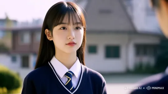 青春、校园、少女、日系风格近景，聚焦于少女主体，突出人物形象和神态。采用了柔和的自然光，营造出温暖、清新的氛围，脸部受光均匀，增强了画面的质感和立体感人物处于画面中心，背景简洁，以建筑物和绿植为衬托，画面简洁且主体突出，给人一种安静、美好的感觉。 by Hailuo AI Video Generator