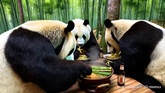 5个大熊猫在吃火锅，喝啤酒 by Hailuo AI Video Generator