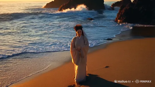 汉服东方美人独自站在海边，脚下的细沙随着潮水的退去缓缓流失，仿佛时间从她指缝中悄然溜走。海风带着咸涩的气息拂过她的脸庞，吹乱了她略显凌乱的发丝。她的目光凝视着远方，海天相接的地方一片苍茫，仿佛没有尽头。海浪一次次拍打着礁石，发出低沉而孤独的轰鸣，像是她心底无法言说的哀伤。她的右手略过发梢，指尖微微颤抖，似乎在压抑着什么。夕阳的余晖洒在她的身上，拉长了她的影子，却无法驱散她眼中的忧郁。她站在那里，像一座沉默的雕像，任由海风带走她无声的叹息。[下降,上摇] by Hailuo AI Video Generator