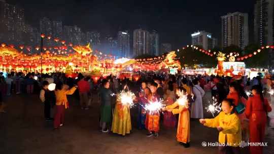 春节拜年视频，有烟花爆竹，动物，人物，建筑物 by Hailuo AI Video Generator