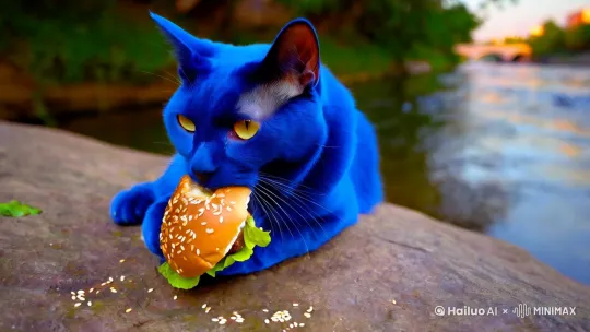 一只蓝猫 在河里面 吃着麦当劳汉堡 by Hailuo AI Video Generator