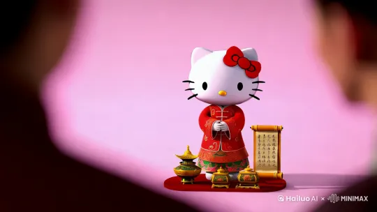 背景粉色，干净背景，萌萌哒holle kitty，开心，身体占画面的三分之二，3D渲染，身穿国风衣服，精致，脸部细节， 景深，超高清画质，极致细节。身旁文房四宝，双手拿着中型大小的卷轴。 by Hailuo AI Video Generator