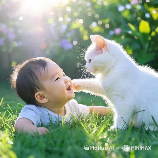 小猫和小孩儿亲亲脸蛋儿，哈哈大笑，很温馨。 by Hailuo AI Video Generator