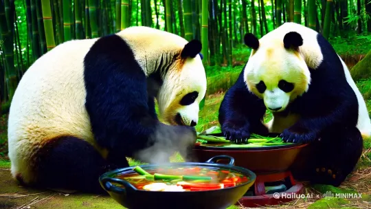 两只大熊猫在吃火锅。 by Hailuo AI Video Generator