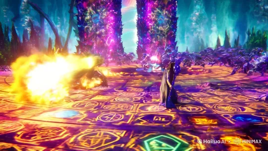 魔法世界，巨大魔法阵，我拿着法杖以一敌千，色彩绚丽，伴随剧烈的爆炸声响起，一个巨大的魔法之门出现，仿佛连接无数空间 by Hailuo AI Video Generator