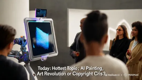 帮我生成一个视频：## 今天最热话题：AI绘画，是艺术革命还是版权危机？

今天，AI绘画绝对是刷屏的存在！从朋友圈到微博，大家都在讨论：AI画的图，到底算不算艺术？画家们会不会失业？ 

这事儿吧，得分开看。AI绘画确实牛，输入几个关键词，分分钟给你生成一幅堪比大师的作品，效率高得吓人。普通人也能过把“艺术家”的瘾，门槛低，好玩又解压。 

但问题也来了：AI学习的数据，可是来自无数艺术家的作品啊！这算不算变相抄袭？版权又该怎么算？更别说，AI生成的画作，真的能传达人类的情感和思想吗？ 

所以啊，AI绘画是工具还是威胁，关键看我们怎么用。它可以是创意的辅助，但也需要规范和伦理的约束。毕竟，艺术的核心，永远是人类的创造力和情感表达，而不是冰冷的算法。 

你觉得呢？AI绘画是艺术的未来，还是一场版权危机？快来评论区聊聊吧！比例 1:1。 by Hailuo AI Video Generator