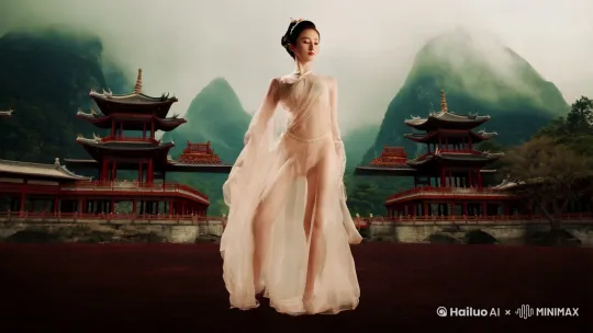 竖屏 中式古典美女 纤瘦 纱裙性感微透 腿胳膊肚子露出来 在中国山水 中式建筑间 跳性感舞蹈 by Hailuo AI Video Generator