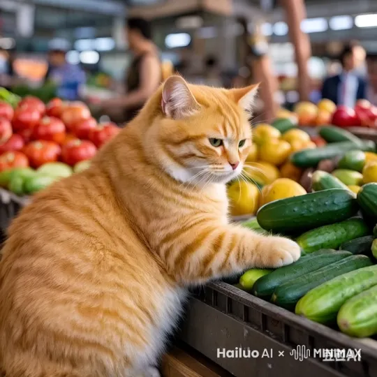 这只仔细的猫咪正在挑选黄瓜 by Hailuo AI Video Generator