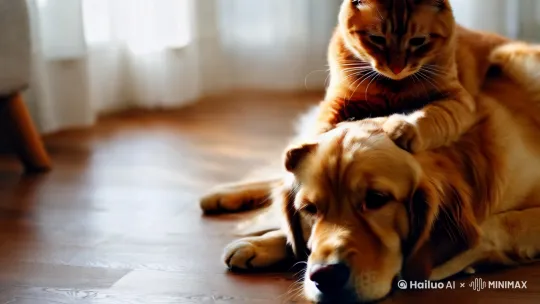 一只橘猫在一条金毛犬的背上按摩 by Hailuo AI Video Generator