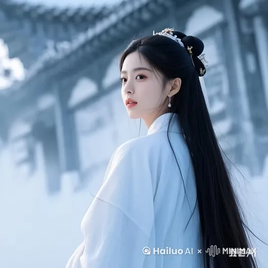 白衣少女，沐雪独行，由近及远，雪花飞舞 by Hailuo AI Video Generator