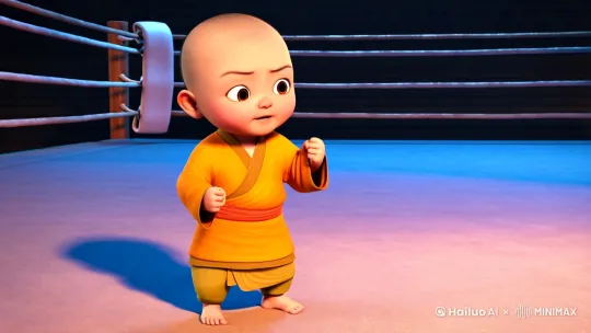 The camera opens inside a boxing ring, focusing on a 3-year-old Chinese little monk. He is wearing a simple saffron robe, looking curious and innocent. His small hands are clenched into fists, and he stands in the center of the ring with a determined expression. The camera shifts to the other side of the ring, where a small cat with mechanical shoulders stands. The cat is sleek and agile, with shiny fur. Its mechanical shoulders gleam under the lights, and it swipes its paw playfully, testing the air.The camera zooms out to capture both the little monk and the mechanical cat in the center of the ring. The referee signals the start of the match, and both opponents spring into action. The little monk takes a playful stance, while the cat leaps forward with a playful swipe. by Hailuo AI Video Generator