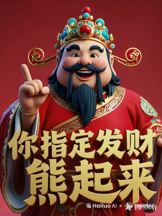 头部轻轻晃动，面部微笑表情，立起来的手指指向屏幕，“你指定发财  熊起来”慢慢变大 by Hailuo AI Video Generator