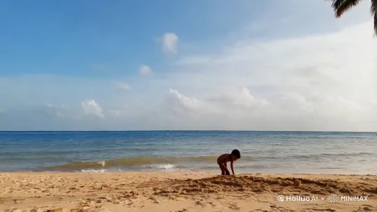 场景一：宁静的海滩

远景镜头：沙滩上，一个小男孩独自在海边挖沙子。
背景细节：天气晴朗，阳光明媚，海面平静，海水呈现蔚蓝色。
动态元素：左右摇镜头，捕捉海浪轻拍沙滩的画面，以及天空中飘着的白云。
环境描述：椰子树随风摇曳，营造出轻松愉悦的氛围。

场景二：小男孩的视角

镜头转换：镜头前移至中景，模仿人走过去的镜头。
小男孩动作：小男孩站起来，面朝大海，感受着海风和阳光。

场景三：天气转变

过肩镜头：从男孩的视角，天空逐渐变暗，预示着天气的变化。
环境变化：海水开始变得深沉，颜色逐渐变黑，暗示着即将来临的风暴。
视觉效果：远处海面上出现闪电，增加了紧张和戏剧性。

场景四：风暴来临

氛围营造：通过音效和视觉效果，营造出风暴来临前的紧张气氛。
细节描述：展示海浪变得更加汹涌，天空中的云层变得更加厚重。 by Hailuo AI Video Generator